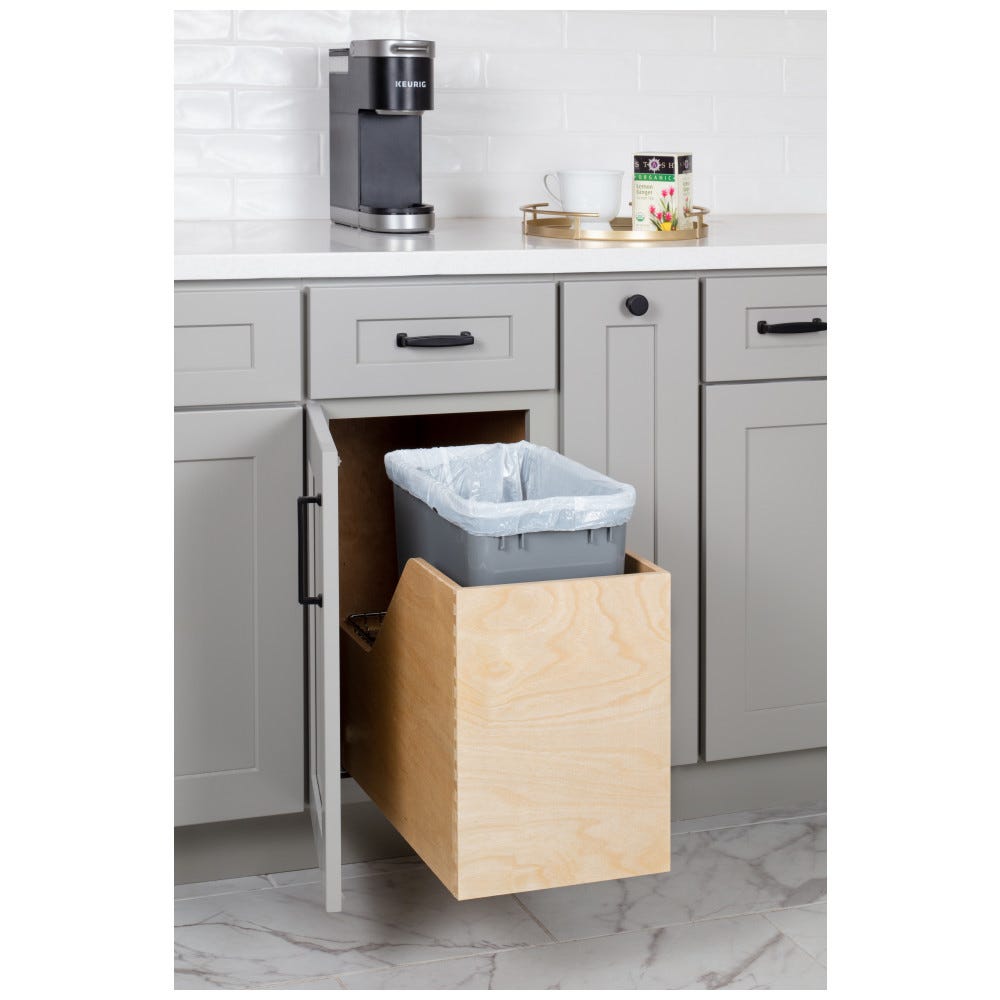 35qt Grey Preassembled Pullout Waste Container System made from Baltic Birch Plywood with White Can