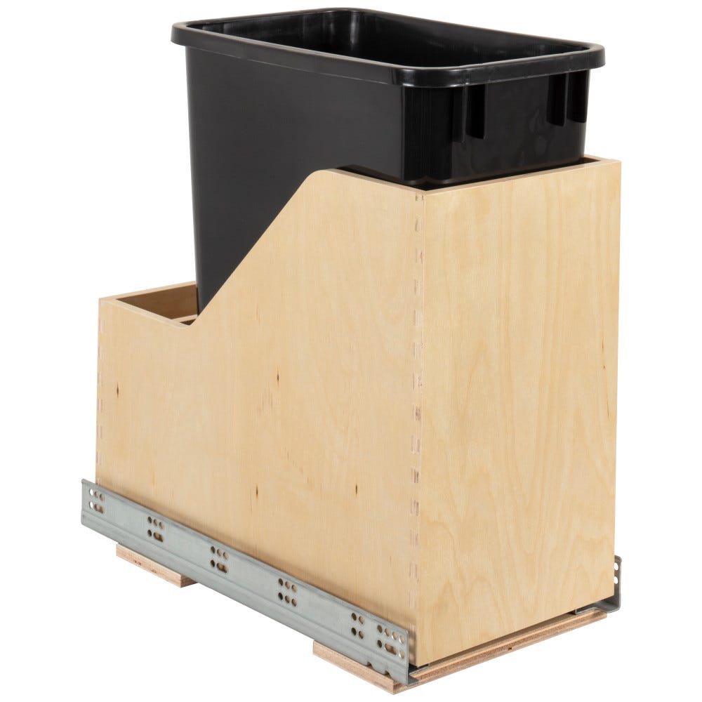 Single 35qt Black Vanity Trash Can with wood bottom-mount and soft-close mechanism