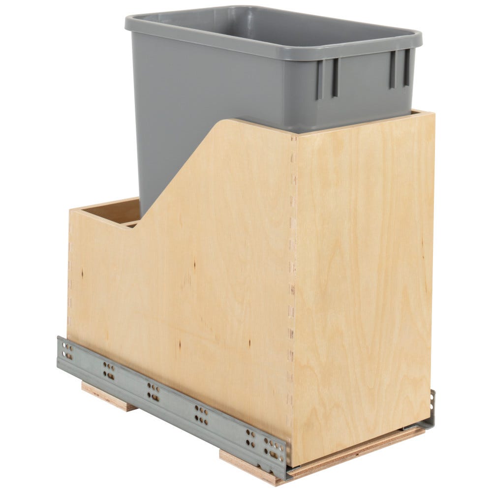 Single 35qt Vanity Trash Can in grey finish with wood bottom-mount design, perfect for kitchen or bathroom organization