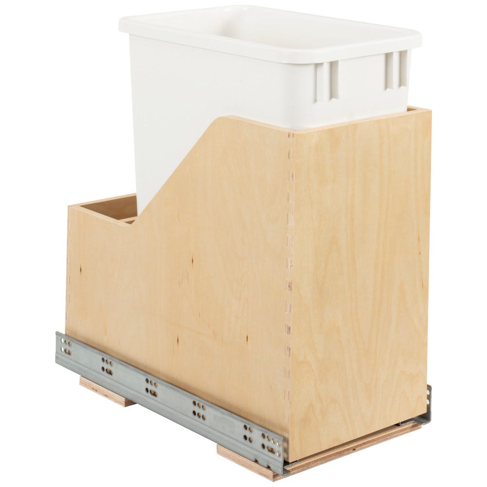 Single 35qt White Soft-Close Vanity Trashcan with wood bottom-mount design for easy pullout access