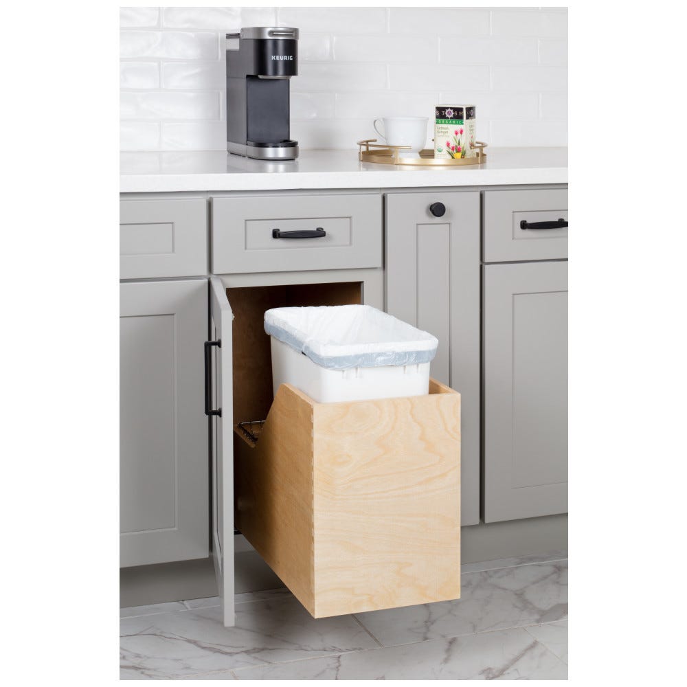 White Preassembled 35 Quart Single Pullout Waste Container System made of 1/2 Baltic Birch Plywood with dovetail construction