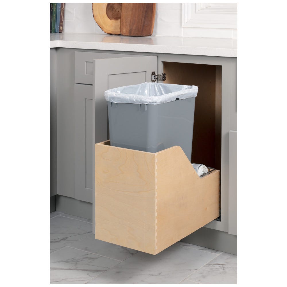 Black Preassembled 50qt Pullout Trash Can made of Baltic Birch Plywood with dovetail construction and full extension undermount slides.