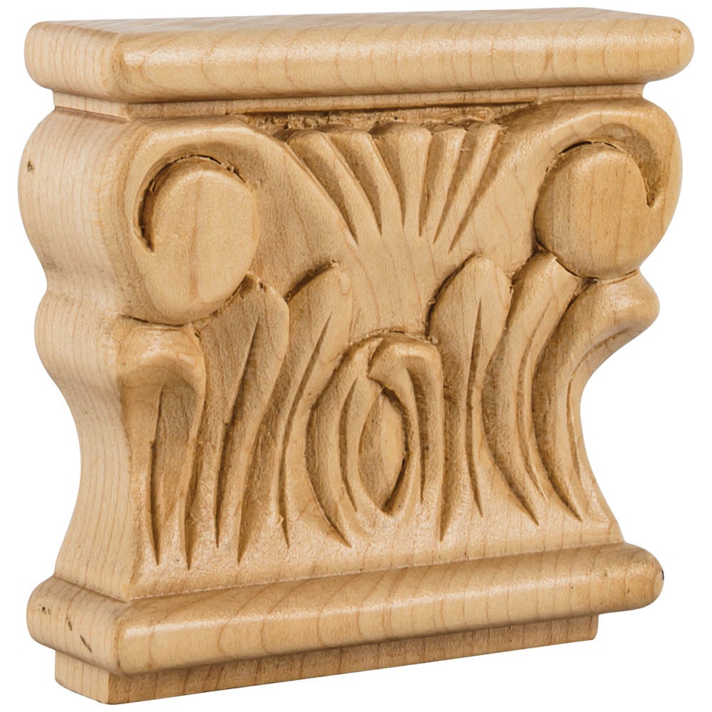 Acanthus Applique Capital carved wood detail in rubberwood, maple, and cherry finishes, 3-7/8" x 1" x 3-1/2"