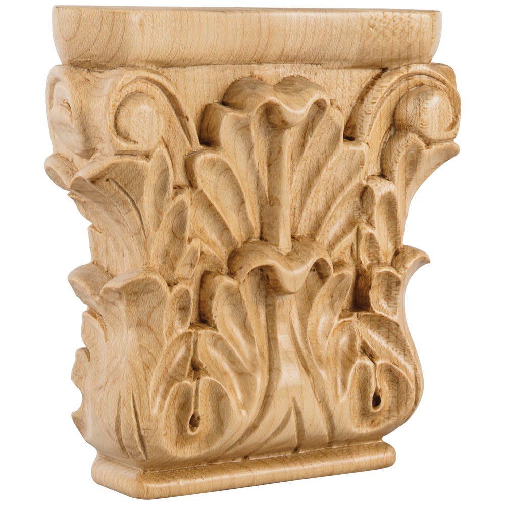 Acanthus Capital carved wood accent in Alder, Oak, Maple, Rubberwood, Cherry finishes, 4-3/4" x 1-1/4" x 4-3/4"