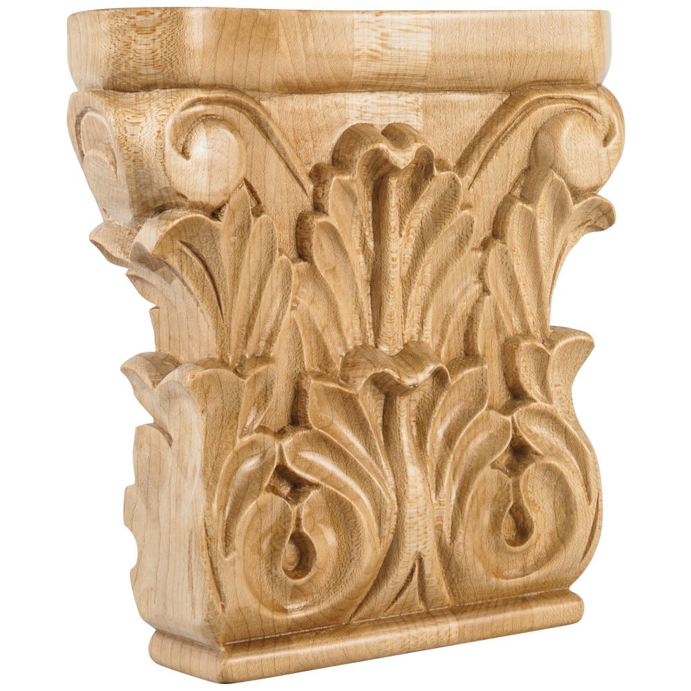 Acanthus Capital carved wood accent in Alder, Oak, Maple, Rubberwood, and Cherry finishes, size 6" x 1-1/4" x 6"