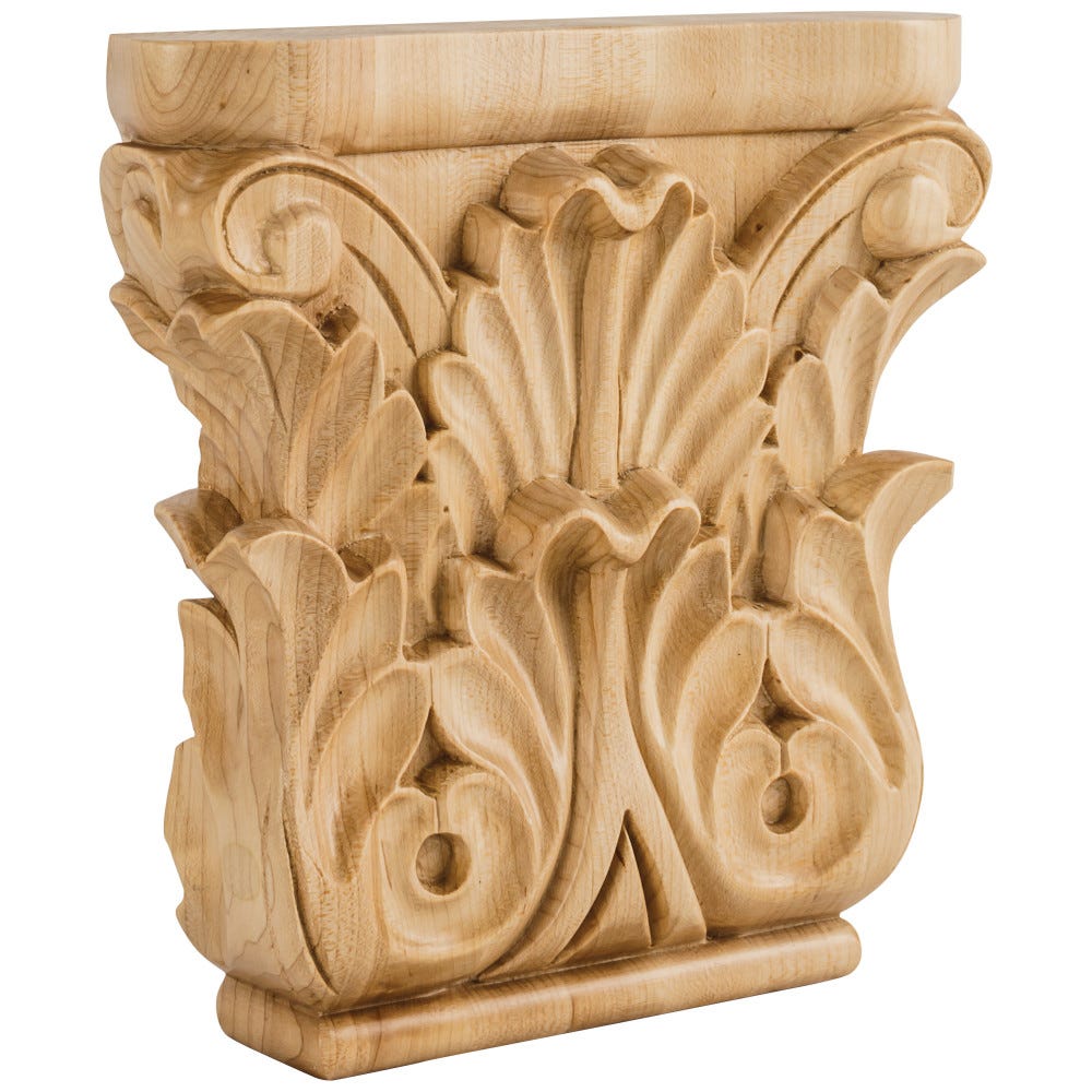 Acanthus Capital decorative element in Maple, Alder, Rubberwood, and Cherry finishes, 8" x 1-3/4" x 8" carved wood