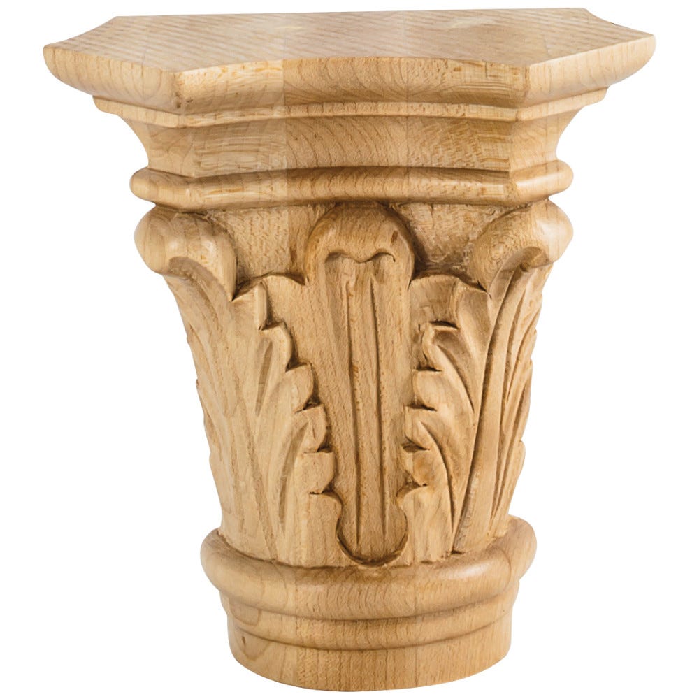 Small Acanthus Capital in Rubberwood, Maple, and Cherry finishes, carved wood design, 4-3/8" x 2-1/8" x 4-3/4" size