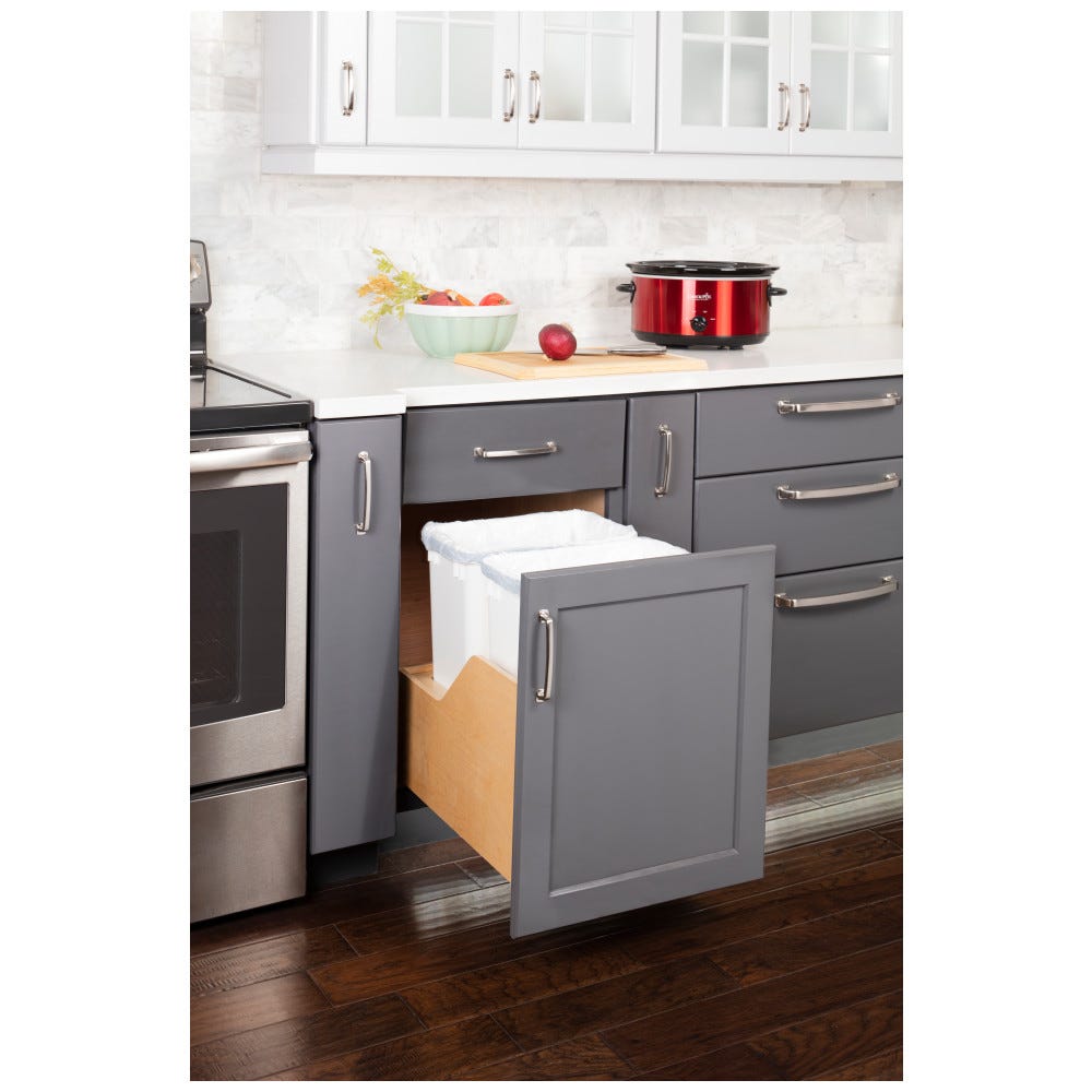 18" Double 35qt Pullout Waste Container System in white finish, made from Baltic Birch plywood, designed for efficient kitchen organization