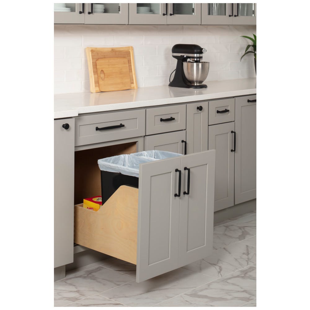 21" Double 35qt CDM Trash Can in black finish with wood bottom mount, designed for pullout door mounting and soft-close operation