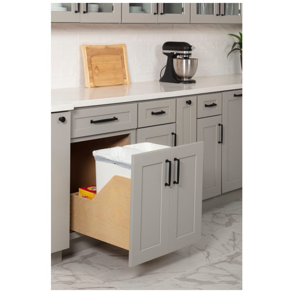 21" Double 35qt Soft-Close Trashcan in white with wood bottom-mount design for door mounting
