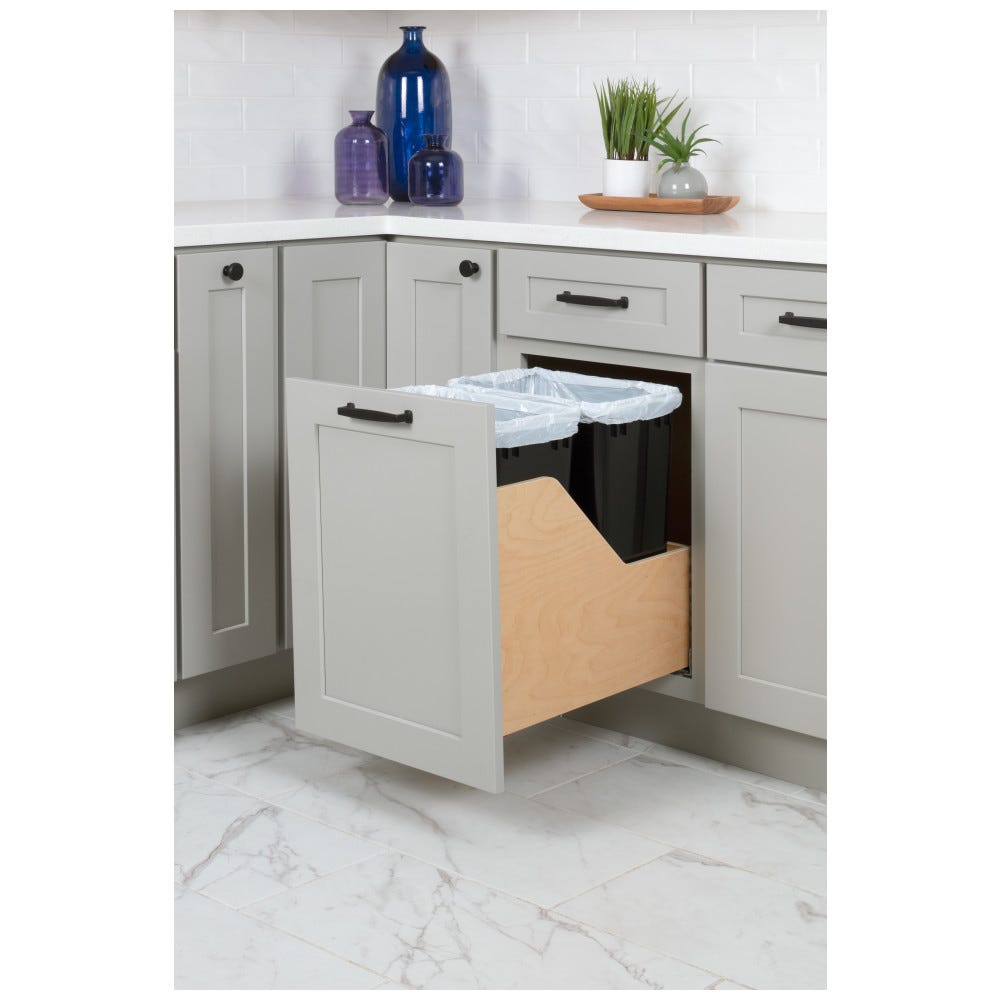 Double 35qt Black Pullout Waste Container System, 35 Quart, Baltic Birch Plywood, Preassembled