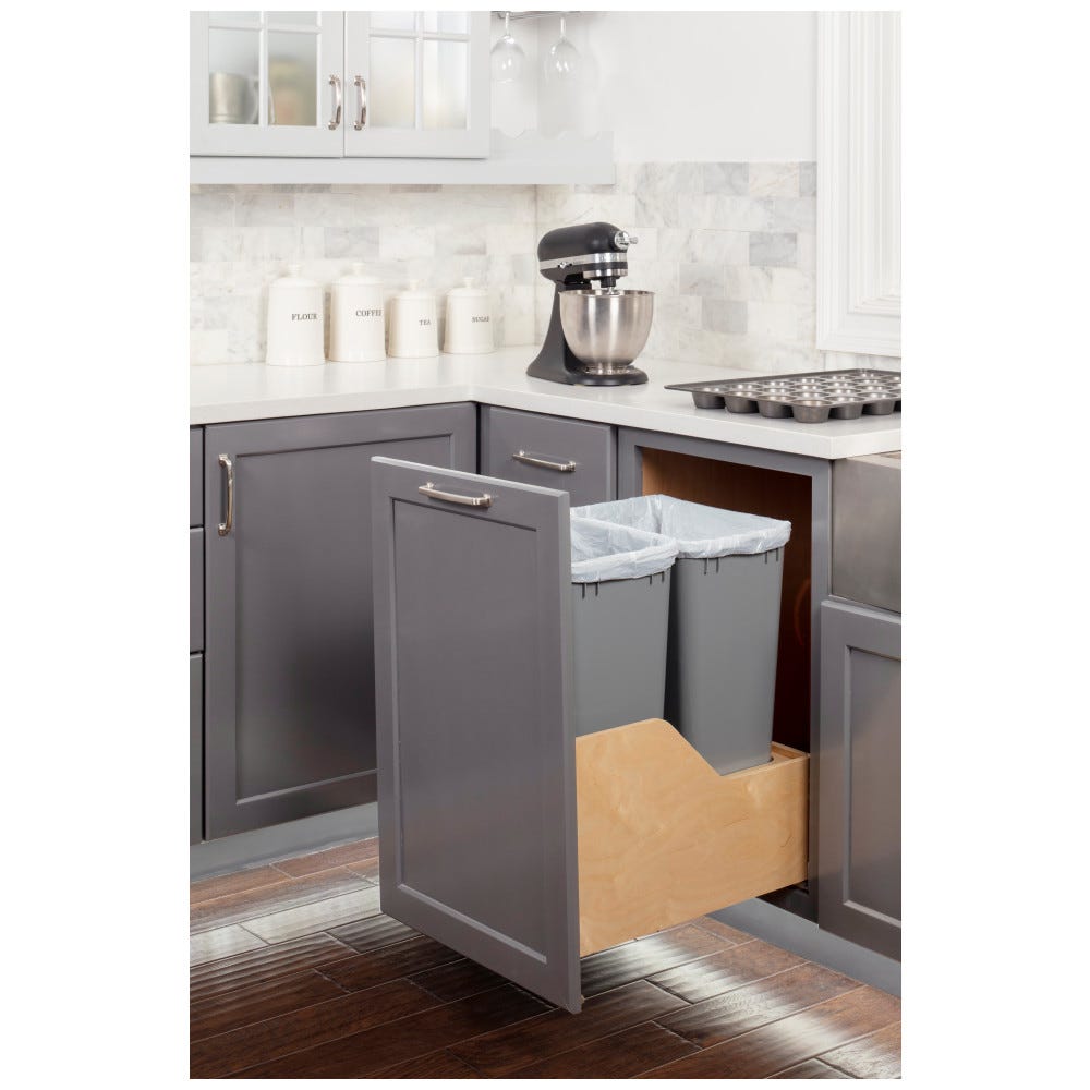 18" Double 50qt Pullout Waste Container System in grey finish, made from Baltic Birch plywood, designed for efficient kitchen organization