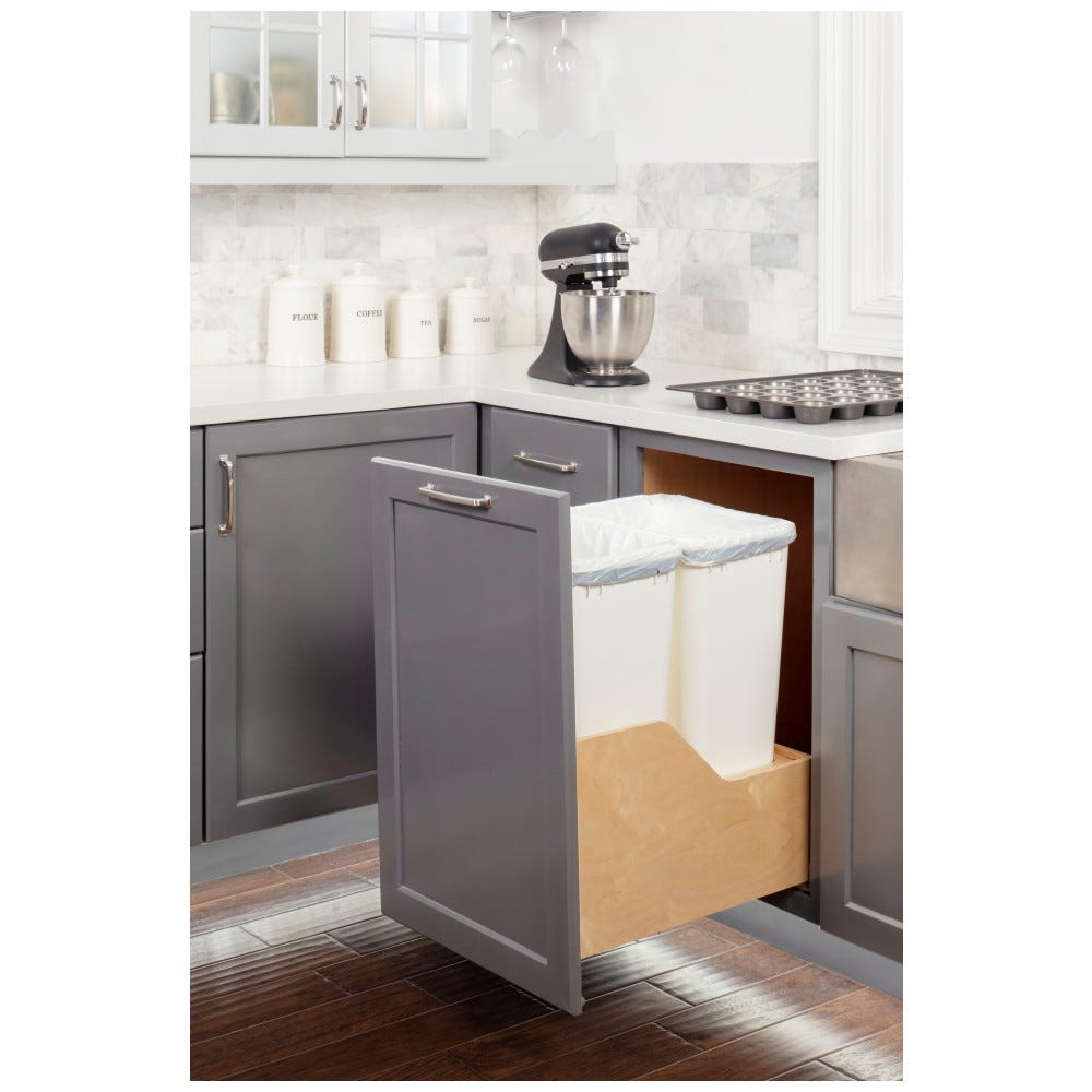 18" Double 50qt Pullout Waste Container System in white finish, made of Baltic Birch plywood, designed for kitchen organization