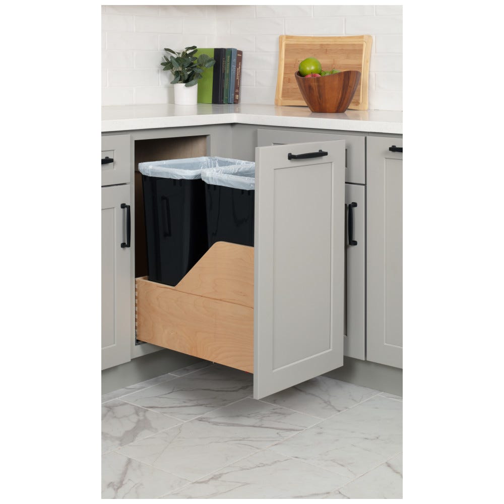 Black Preassembled 50 Quart Double Pullout Waste Container System made of Baltic Birch Plywood