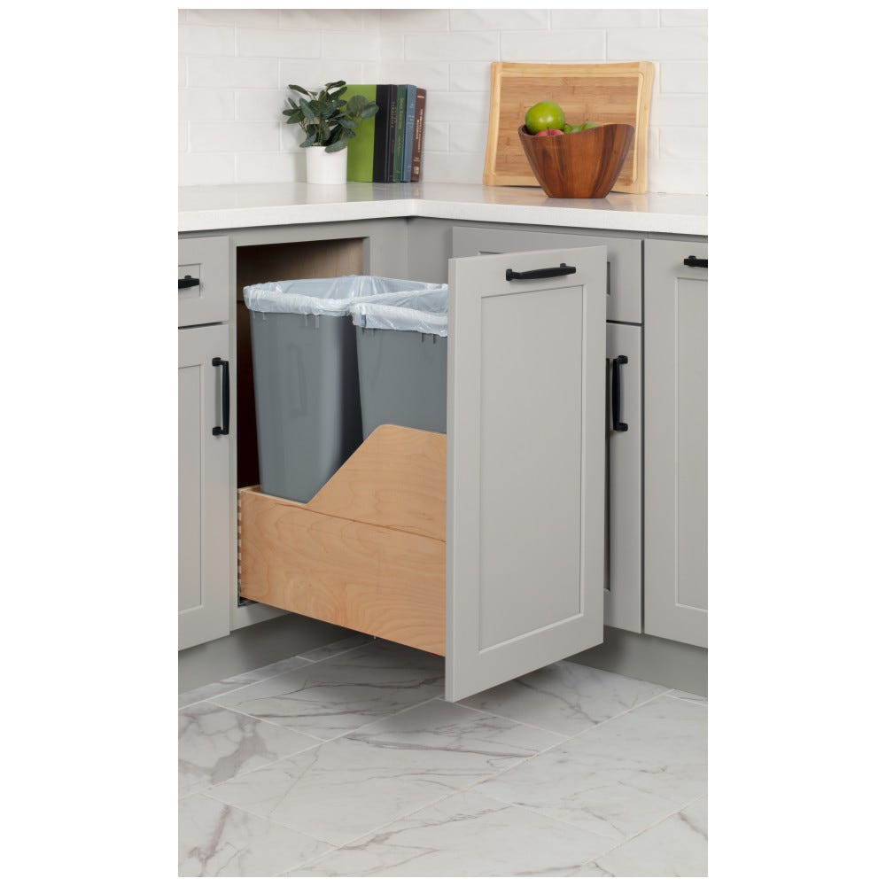 Double 50qt Grey Pullout Waste Container System, 50 quart size, Baltic Birch Plywood, grey finish