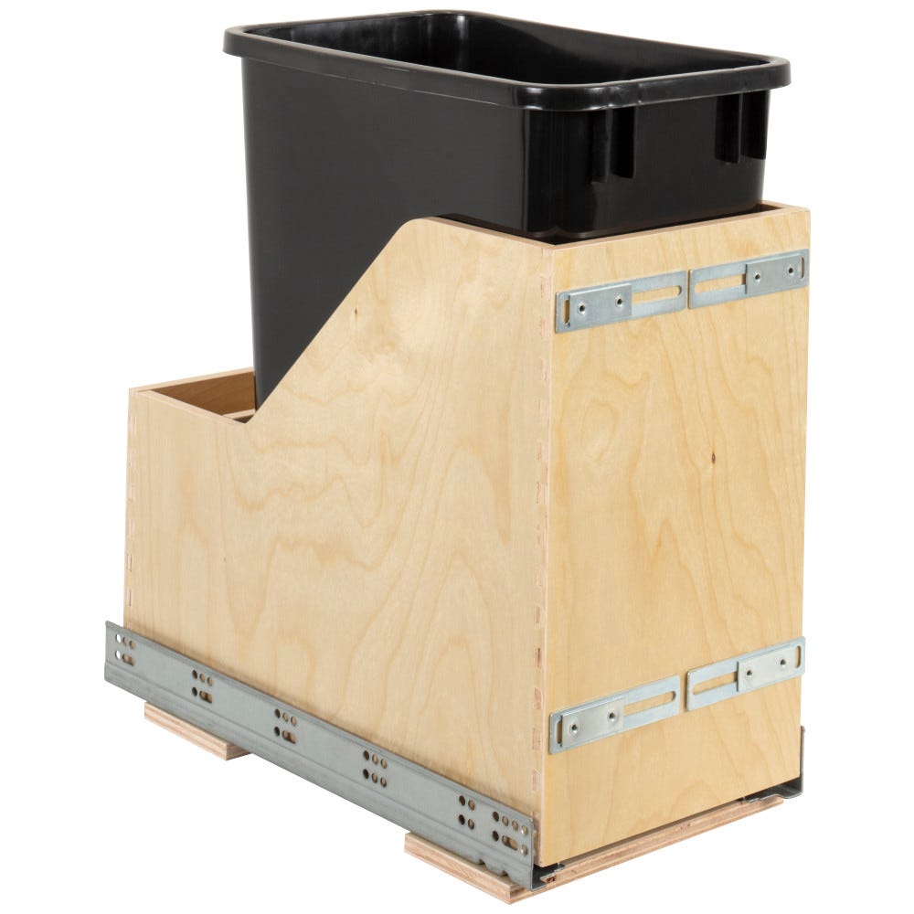 Single 35qt Black Vanity Trashcan with wood bottom-mount, soft-close feature, ideal for bathroom organization