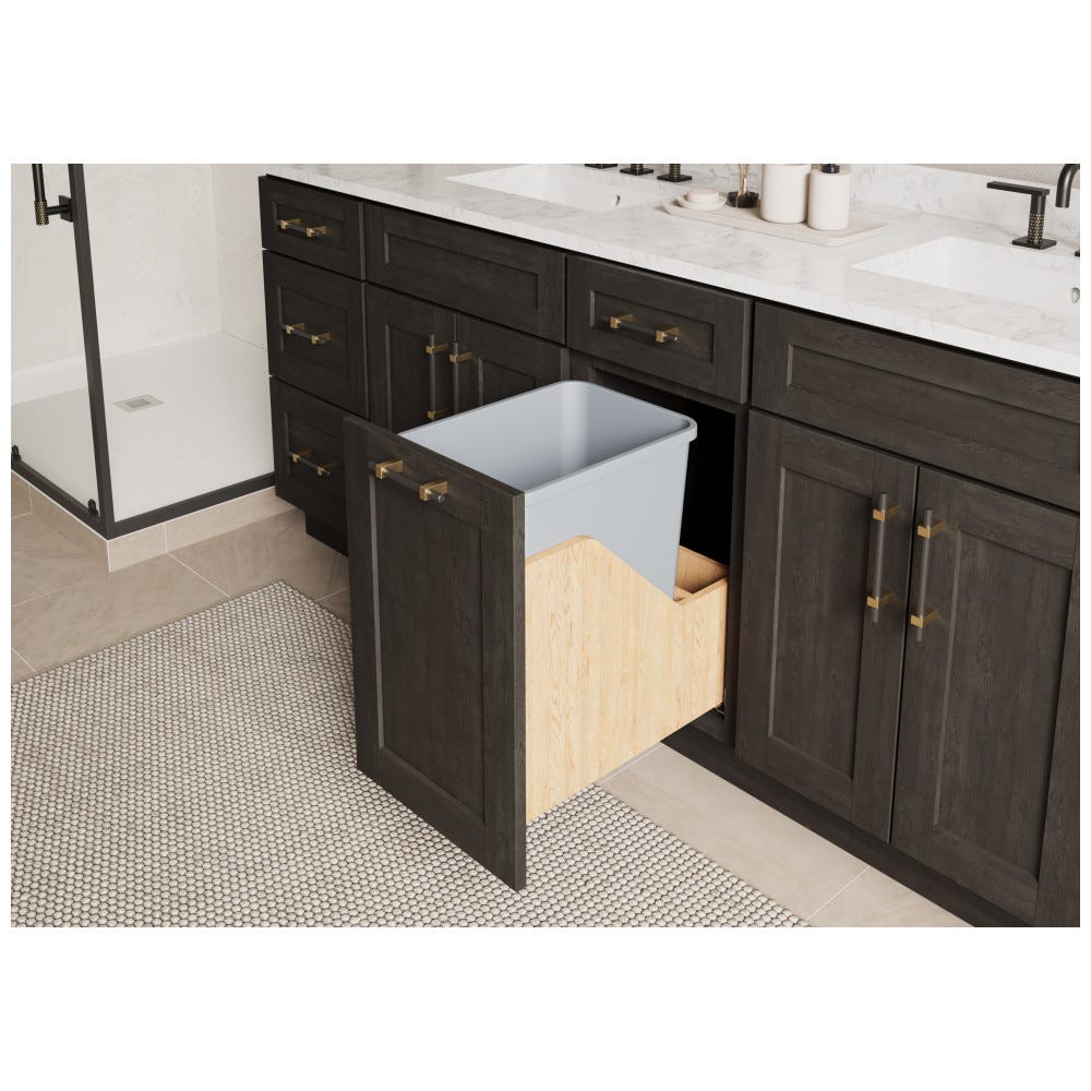Single 35qt CDM Vanity Trashcan in Grey, Wood Bottom-Mount Soft-Close Pullout for Hinged Doors