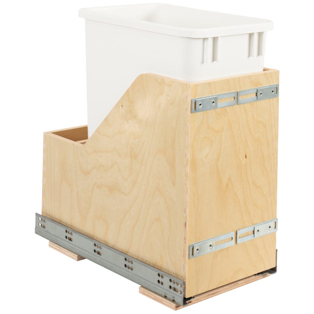 Single 35qt CDM Vanity Trashcan in white finish with wood bottom mount, designed for door mounting
