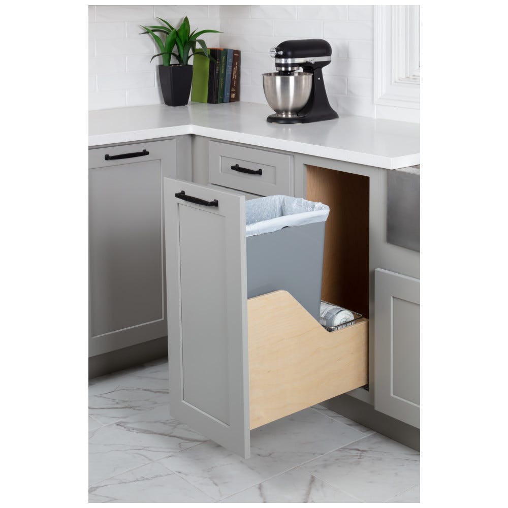 50qt grey preassembled single pullout waste container system made of 1/2 Baltic Birch plywood