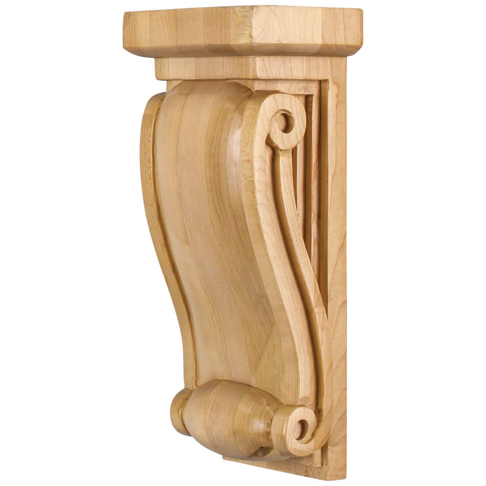 Small Neo Gothic Traditional Corbel in Hard Maple, Alder, Rubberwood, and Cherry finishes, 4-1/2" x 3" x 10" wood decorative element