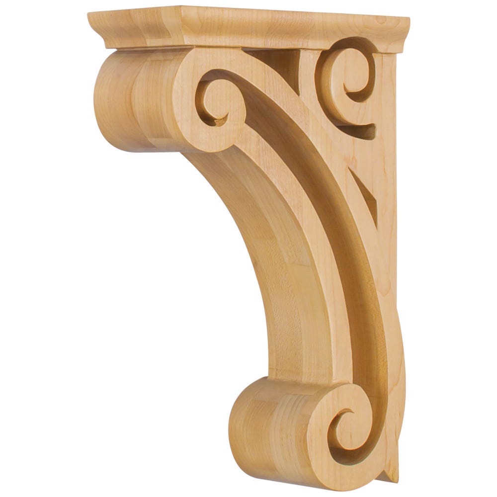 3" x 6-5/8" x 10" Open Space Corbel in Alder and Cherry finishes, carved wood accent piece for home decor