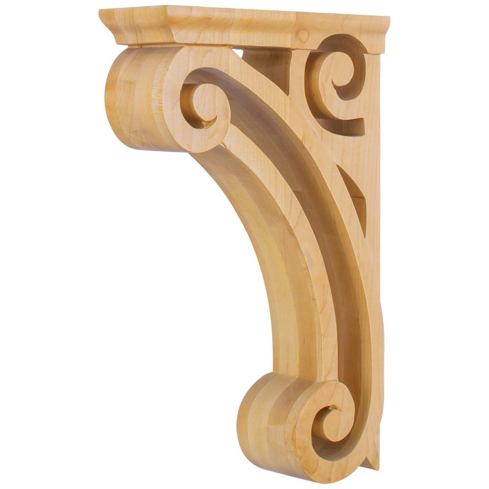 3" x 9-3/8" x 14" Open Space Corbel in Maple, Alder, Cherry, and Rubberwood finishes, carved wood corbel