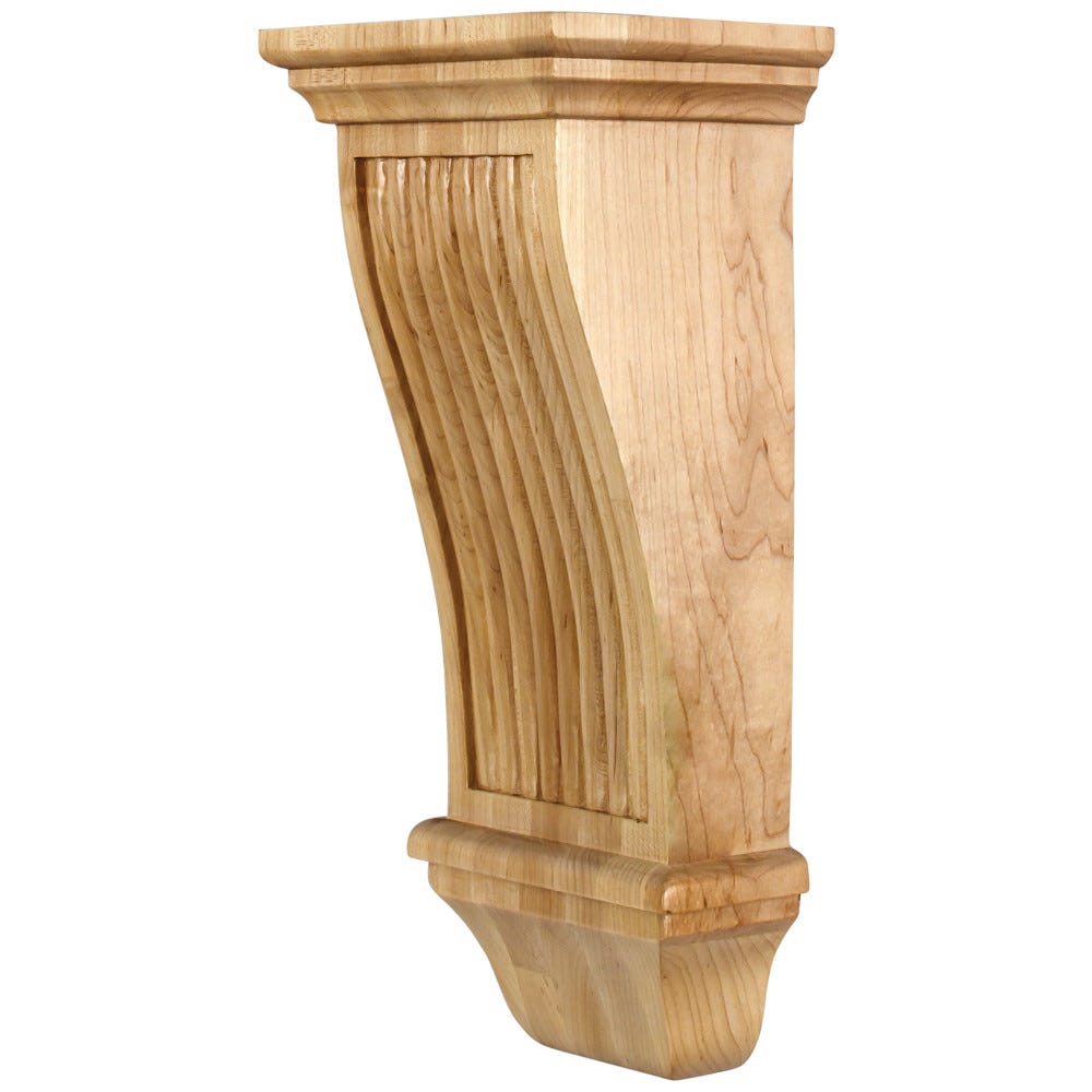 Renaissance Reeded Corbel in Maple, Alder, Rubberwood, and Cherry finishes, 6" x 5" x 14", carved wood design.