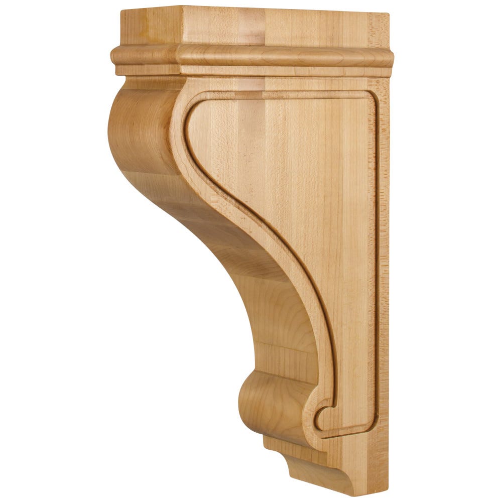 Transitional Arts & Craft Corbel 3" x 7-3/4" x 14" in Maple and Rubberwood finish, carved wood design