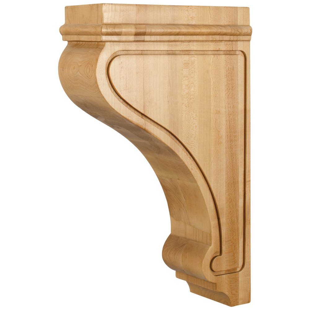 Transitional Arts & Craft Corbel in Maple and Rubberwood, 4" x 9-3/4" x 16", carved wood accent piece
