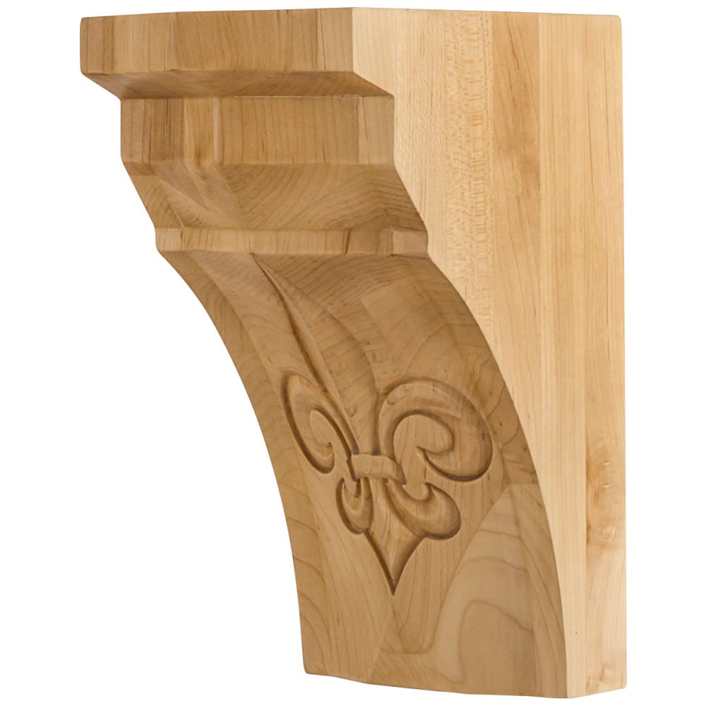 4" x 6" x 8" Corbel with recessed Fleur-De-Lis design in Alder and Hard Maple finishes, carved wood construction
