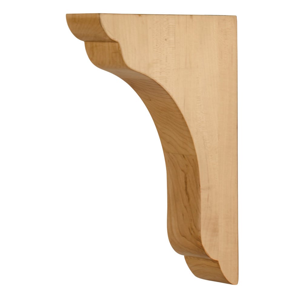 Transitional Wood Bar Bracket in Rubberwood, Alder, White Birch, and Hard Maple finishes, 1-3/4" x 7" x 10" size, carved wood design.