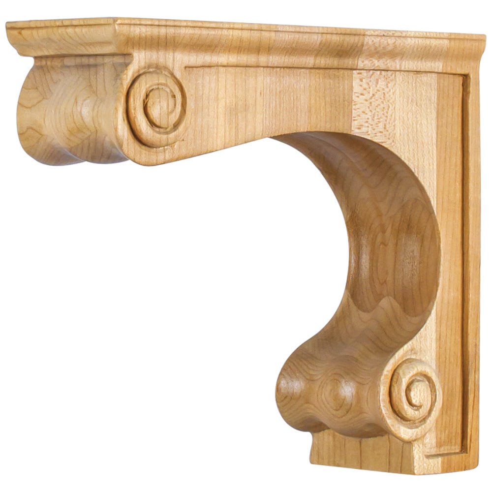 Traditional Range Hood Corbel in Maple and Rubberwood finish, carved wood design, 2-11/16" x 8" x 7" size