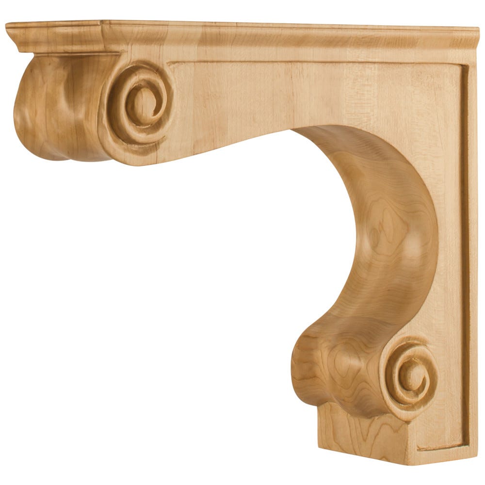 Traditional Medium Range Hood Corbel in Maple and Rubberwood, 3-3/8" x 10" x 9", carved wood