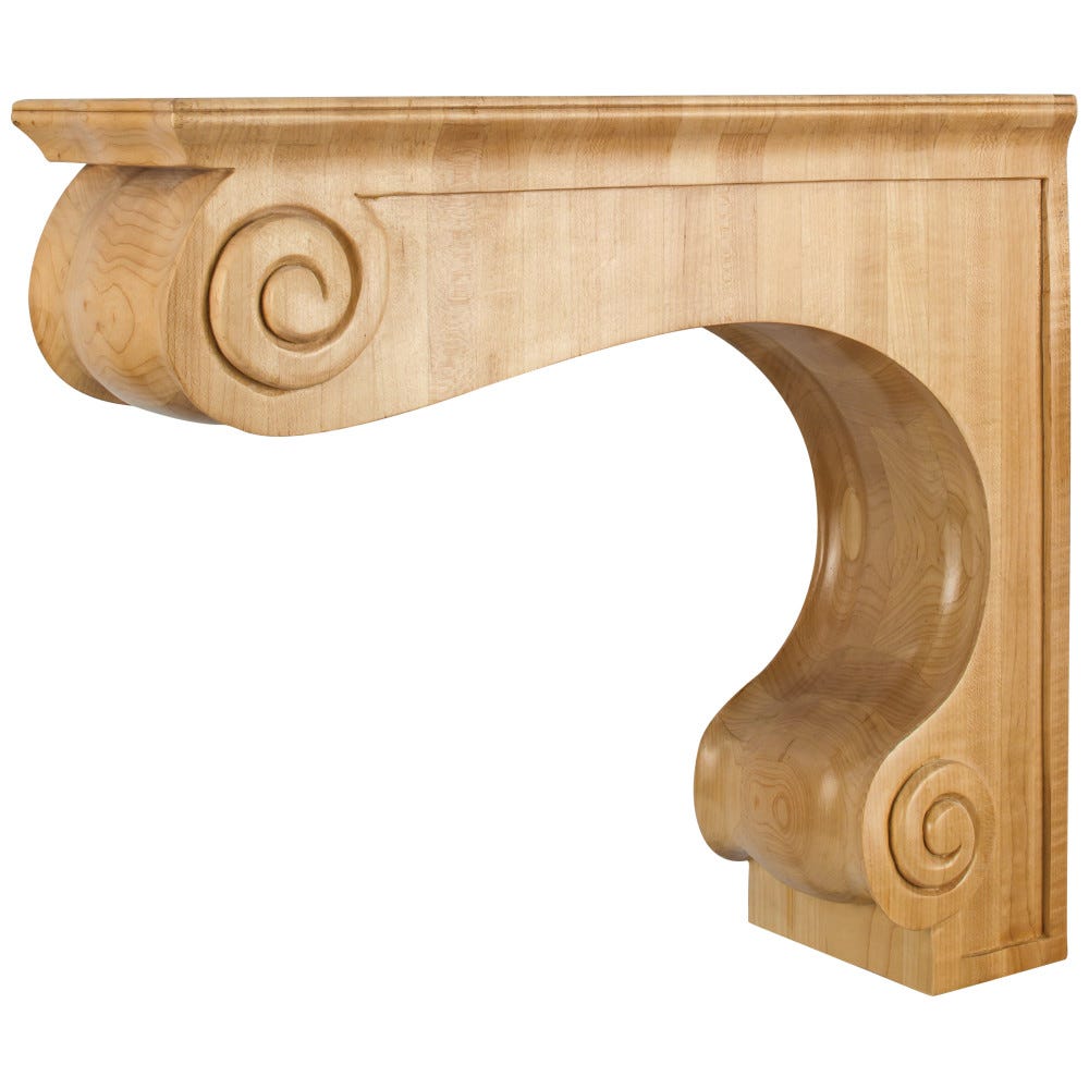 Traditional Large Range Hood Corbel in Rubberwood and Maple, carved wood design, 5-15/16" x 18" x 16" size