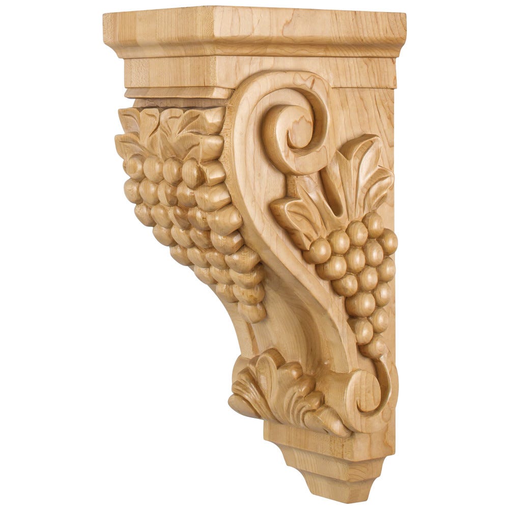 Medium Grape Wood Corbel in Maple, Alder, Cherry, and Rubberwood finish, 5x7x14 inches, carved wood