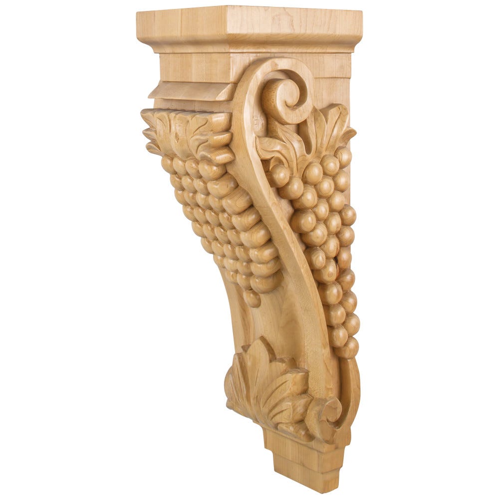 Large Grape Wood Corbel in Rubberwood, Maple, or Alder finish, carved wood design, 6-3/4" x 7-5/8" x 22" size.