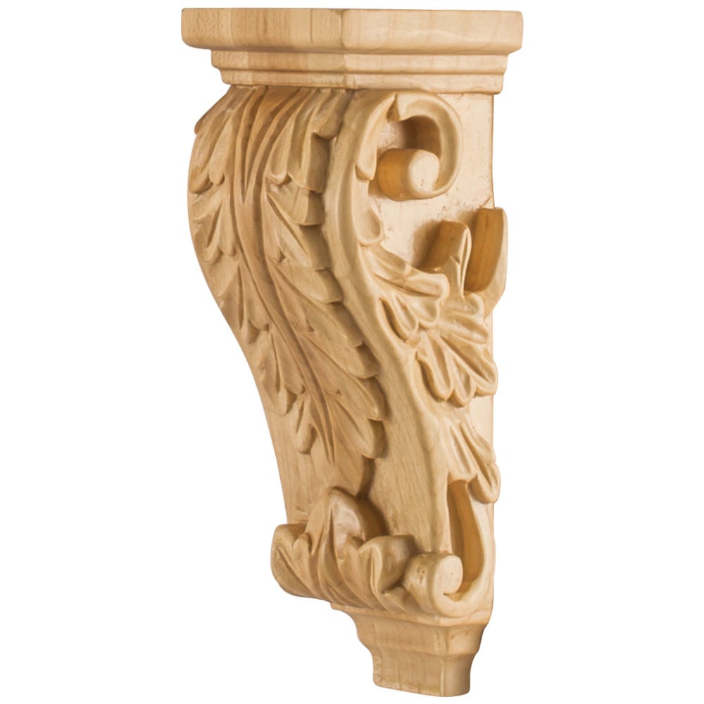 Petite Acanthus Wood Corbel in Cherry, Maple, and Rubberwood finishes, 2-1/2" x 2-5/8" x 7", carved wood from Hardware Resources.