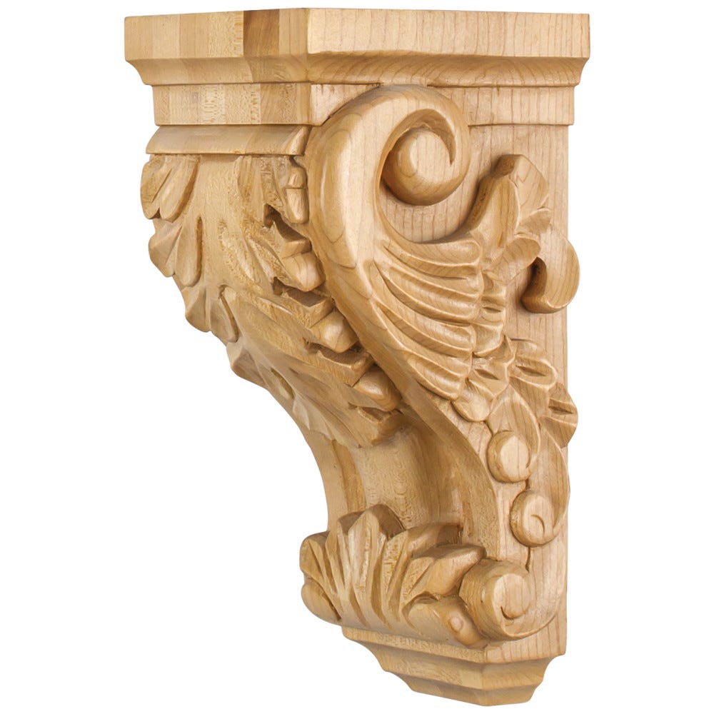 Small Acanthus Wood Corbel in Alder, Oak, Maple, Rubberwood, and Cherry finishes, showcasing intricate carvings and quality craftsmanship.