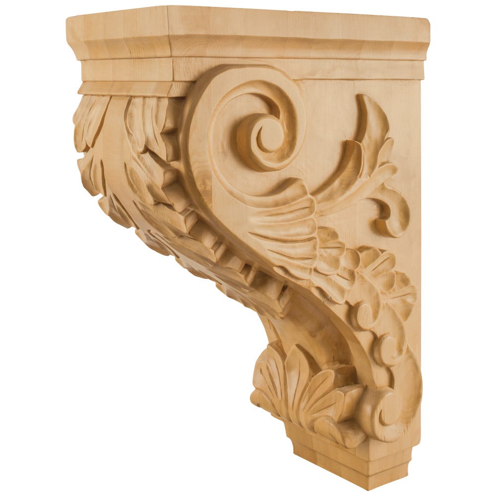 Large Traditional Kitchen Hood Wood Acanthus Corbel in White Birch, 9-1/2" x 16" x 24", crafted from durable white birch wood