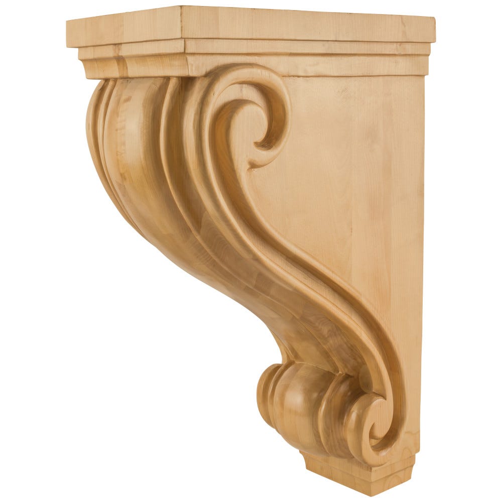 Large Traditional Kitchen Hood Wood Corbel in White Birch, 9-1/2" x 16" x 24", carved wood design