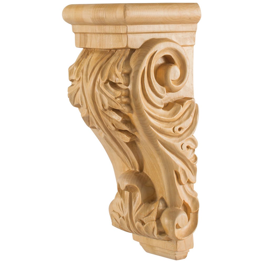 Low Profile Acanthus Wood Corbel in Alder, Oak, Maple, Rubberwood, Cherry finishes, carved wood design