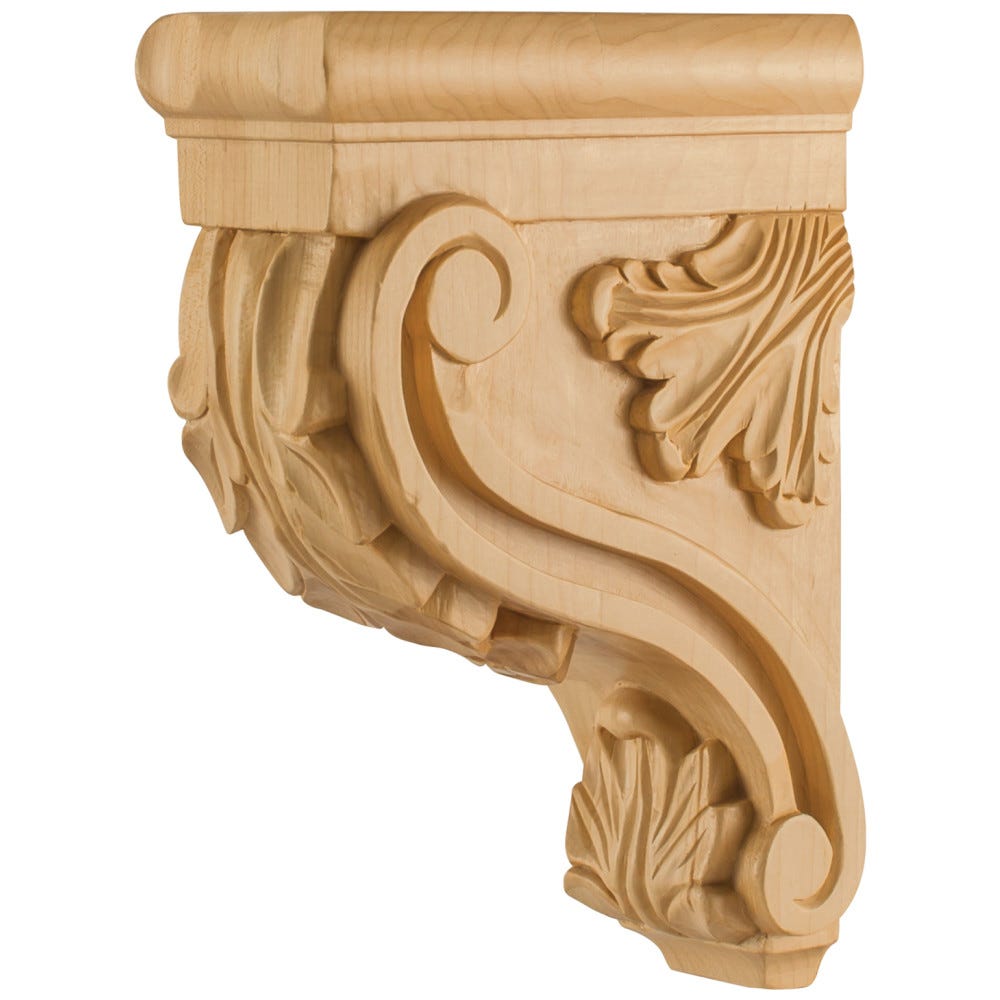 Acanthus Wood Bar Bracket Corbel in Alder finish, 3" x 7" x 10", carved wood accent for home decor