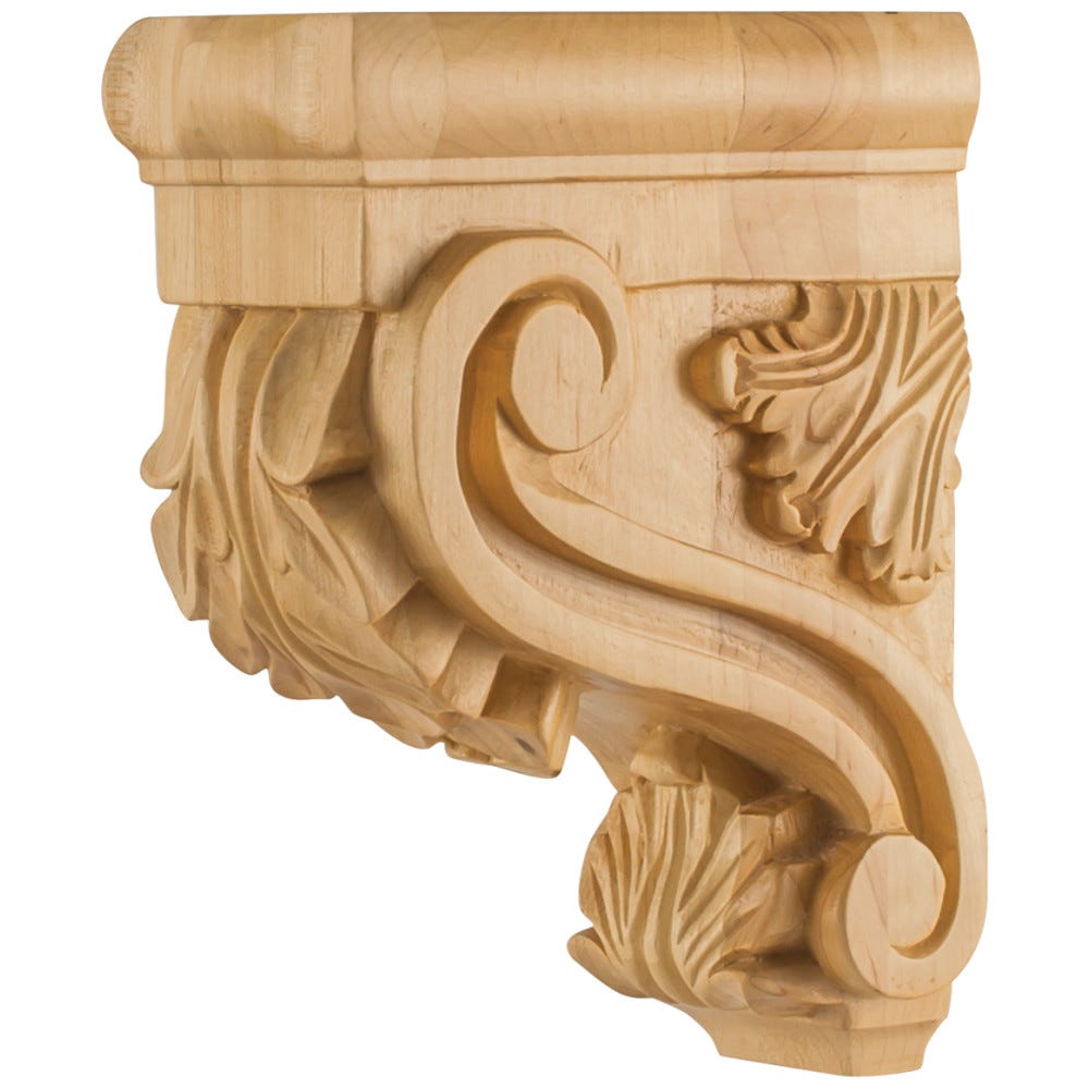 Acanthus Wood Bar Bracket Corbel 3" x 6" x 8" in Alder, Rubberwood, Hard Maple, White Birch, Cherry finishes, carved wood material