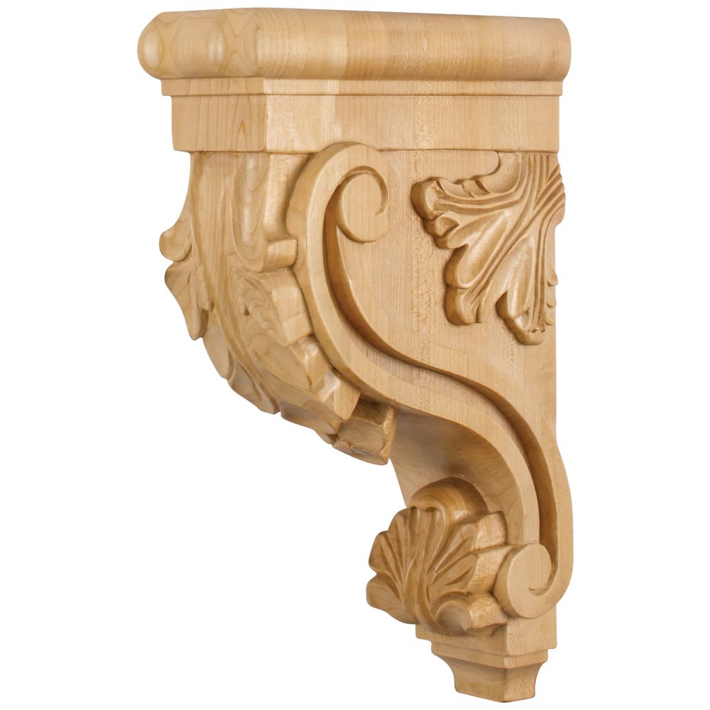 Acanthus Wood Bar Bracket Corbel in Alder, Oak, Hard Maple, Rubberwood, Cherry finishes, 3-3/8" x 7-3/4" x 13"
