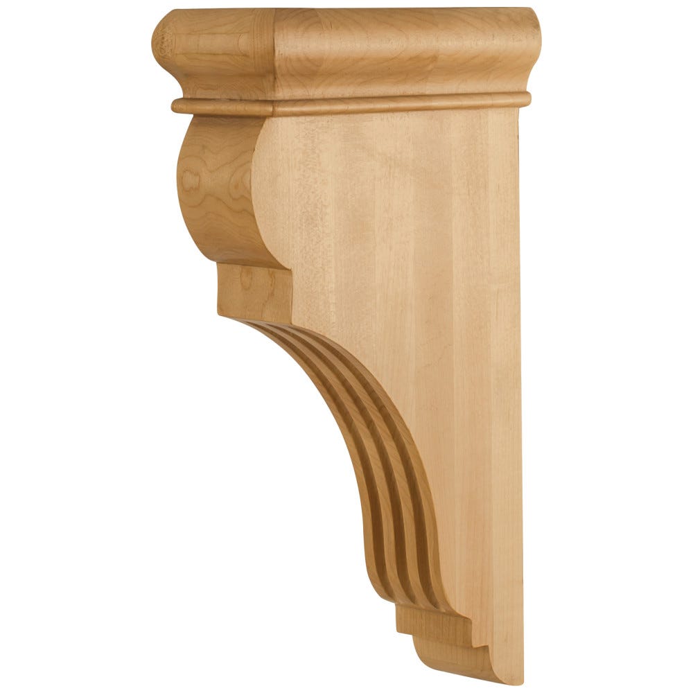 Traditional Fluted Wood Bar Bracket Corbel in White Birch, Maple, Rubberwood, Alder, Oak, and Cherry finishes, crafted from quality wood species.