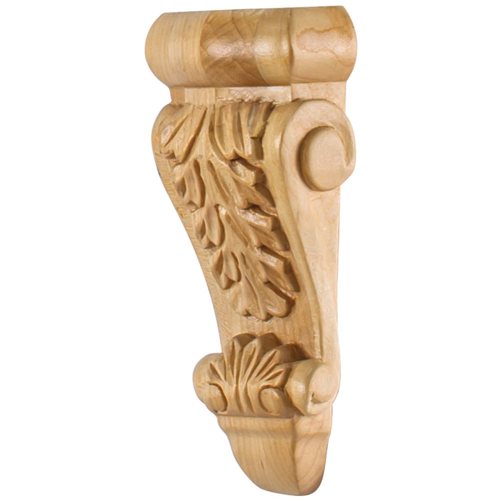 Low Profile Small Wood Corbel with Acanthus Detail in Alder, Oak, Maple, Rubberwood, and Cherry finishes, crafted from high-quality wood.