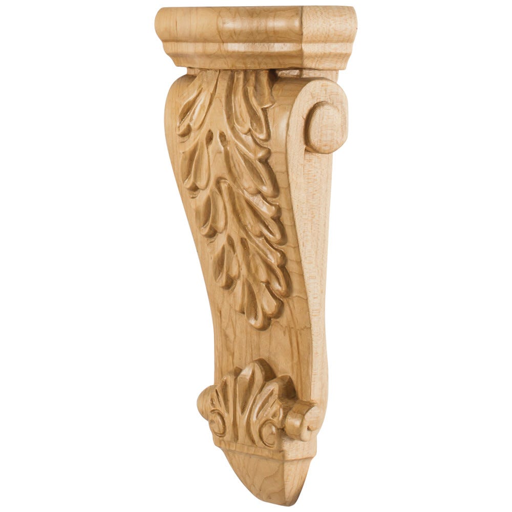 Low Profile Medium Wood Corbel with Acanthus Detail in Cherry, Oak, Maple, Alder, and Rubberwood finishes, crafted from premium wood species.