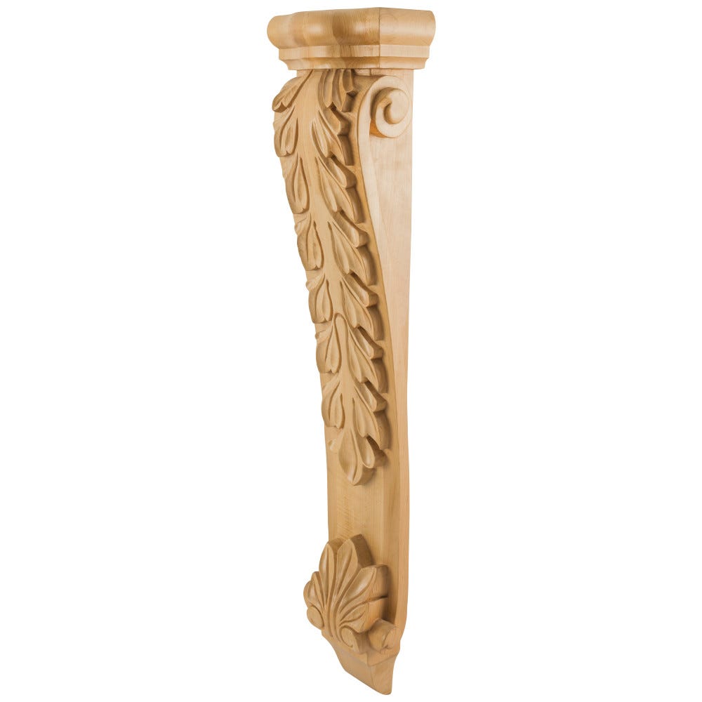 Low Profile Large Wood Corbel with Acanthus Detail in Maple, Cherry, and Alder finishes, 8-1/2" x 4-3/4" x 35"