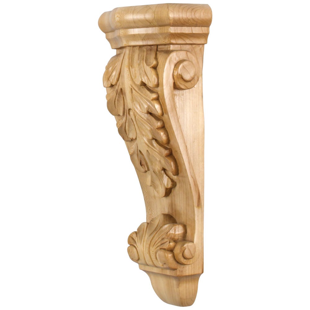 Low Profile Medium Wood Corbel with Acanthus Detail in Maple, Alder, Rubberwood, and Cherry finishes, 5-1/2" x 3-1/2" x 14"