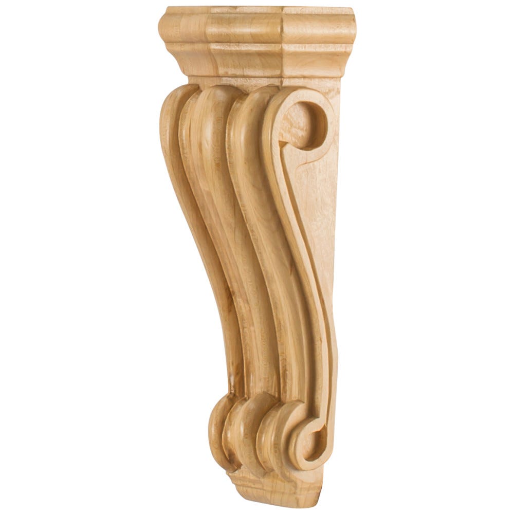 Medium Low Profile Traditional Wood Corbel in Rubberwood, Alder, Cherry, and Maple finishes, carved wood design, 3-1/16" x 2" x 8"